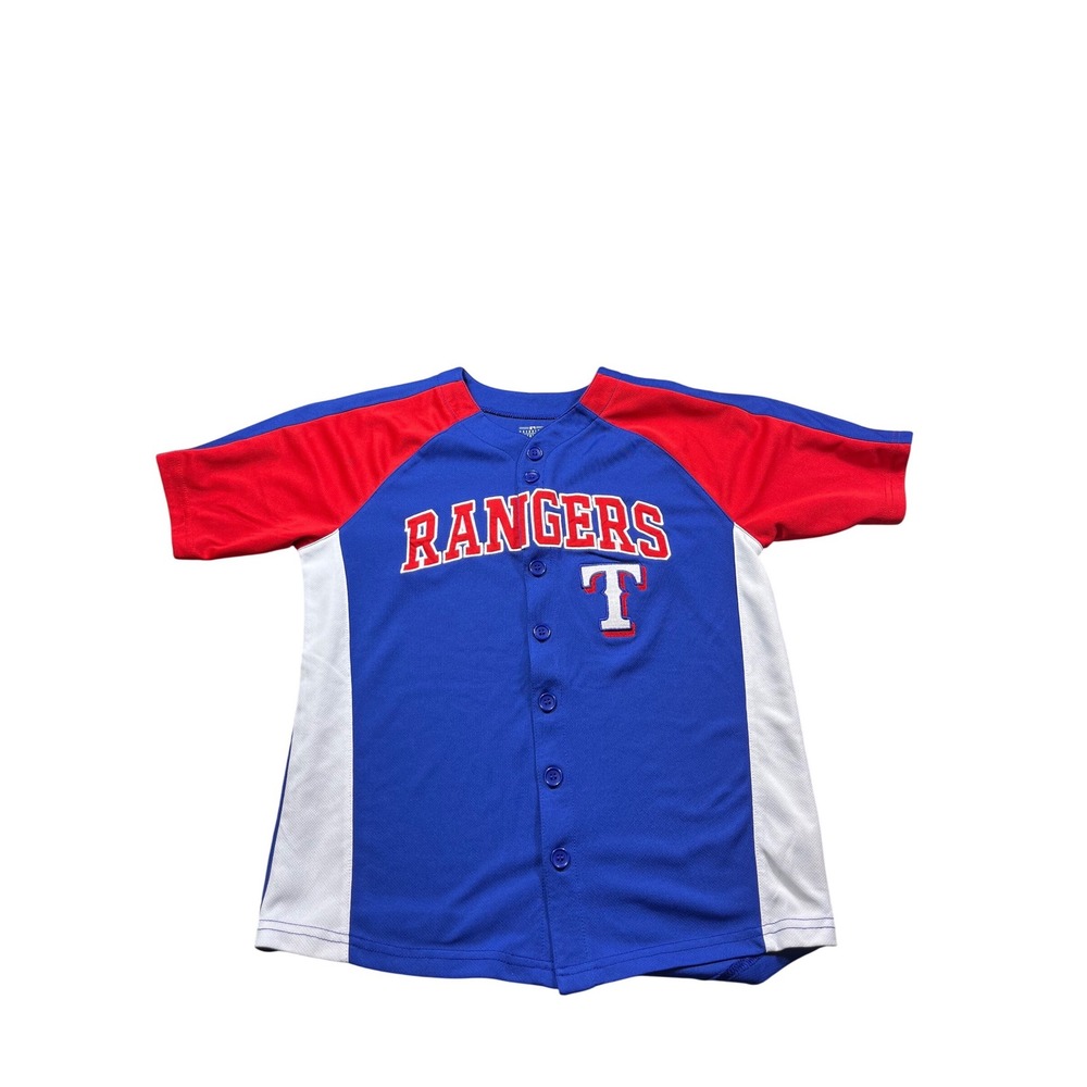 Texas Rangers Youth Medium 10/12 Button Front Baseball Jersey Blue Red MLB
